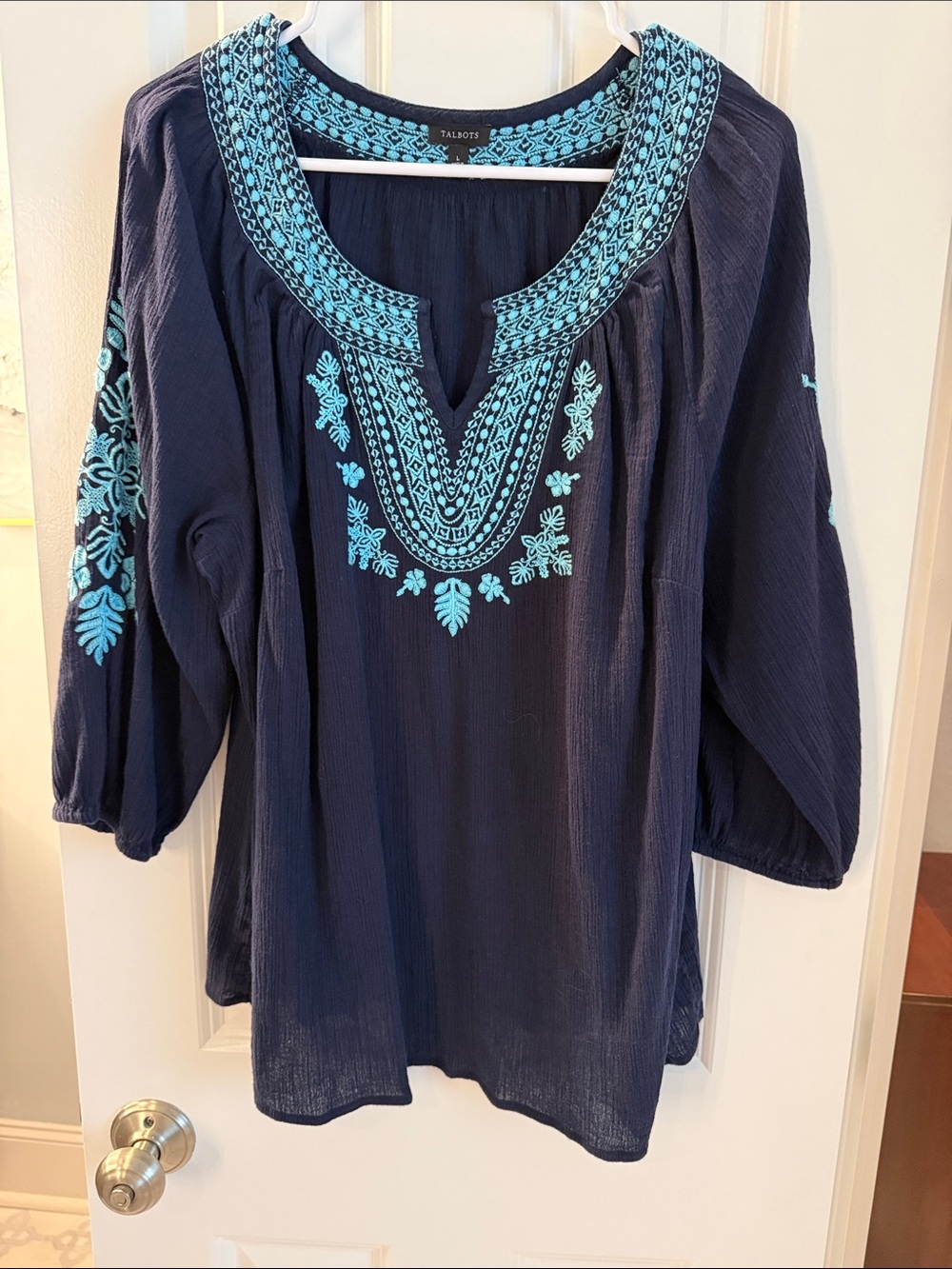 Talbots Navy Tunic with Turquoise Embroidery